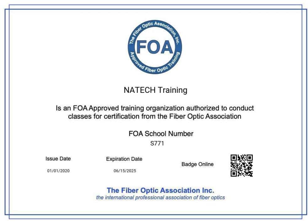 NATECH TRAINING Approuvé par FOA en fibre optique